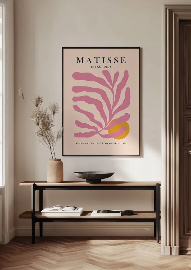 Matisse Rosa Blättermotiv Gelber Kreis Abstrakt Organisches Kunstgemälde