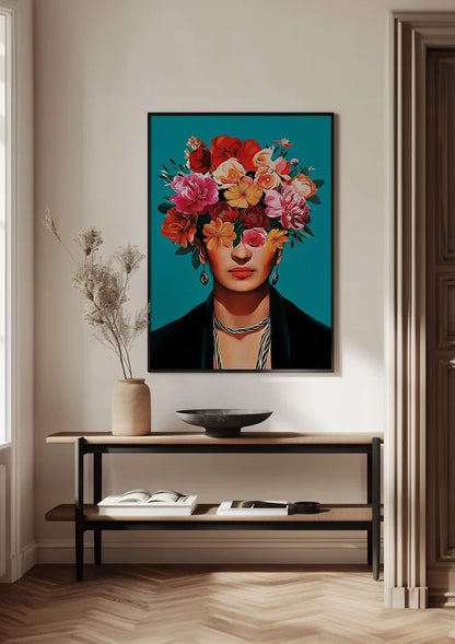 Woman with Colorful Flower Crown on Turquoise Background Painting