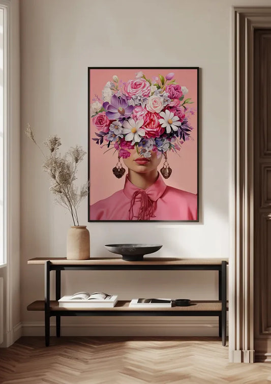 Gemälde „Frau mit rosa Blumenstrauß auf rosa Hintergrund“