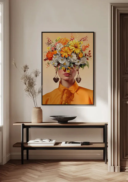 Vrouw Oranje Blouse Kleurrijke Bloemen Hoofd Portret Florale Schilderij
