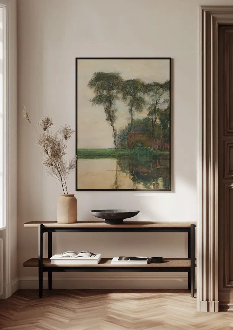 Serene Bomenlandschap met Weerspiegeling in Rustig Water Schilderij