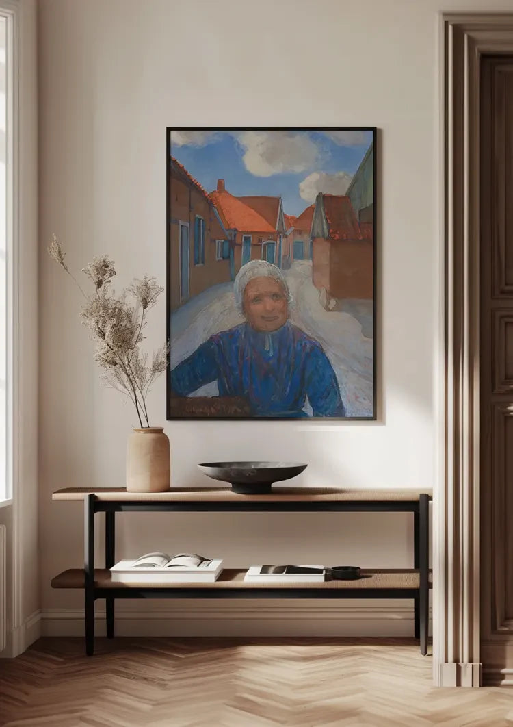 Elderly Woman in Village Street Red Roofs Blue Sky Painting