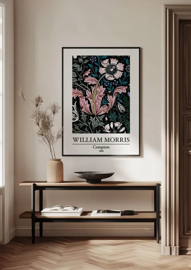 William Morris Compton Pink Flowers Dark Background Painting