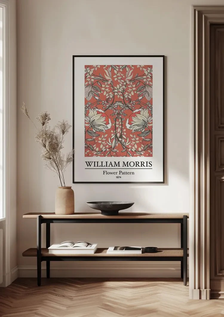 William Morris Blumenmuster, weiße Blumen auf rotem Gemälde