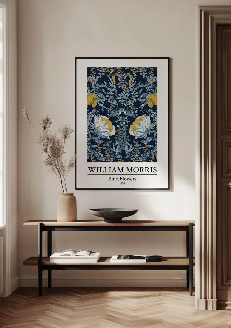 William Morris Blaue Blumen Weiße Gelbe Blumen Dunkelblaues Gemälde