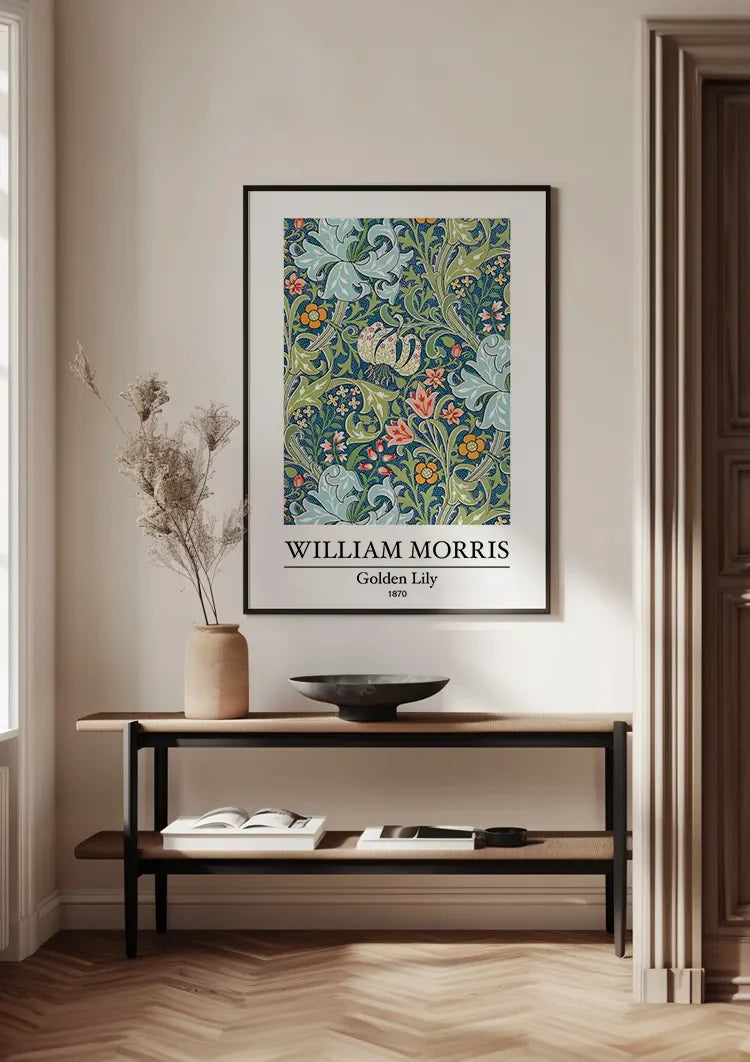 William Morris Golden Lily Blue-Green Colorful Botanical Painting