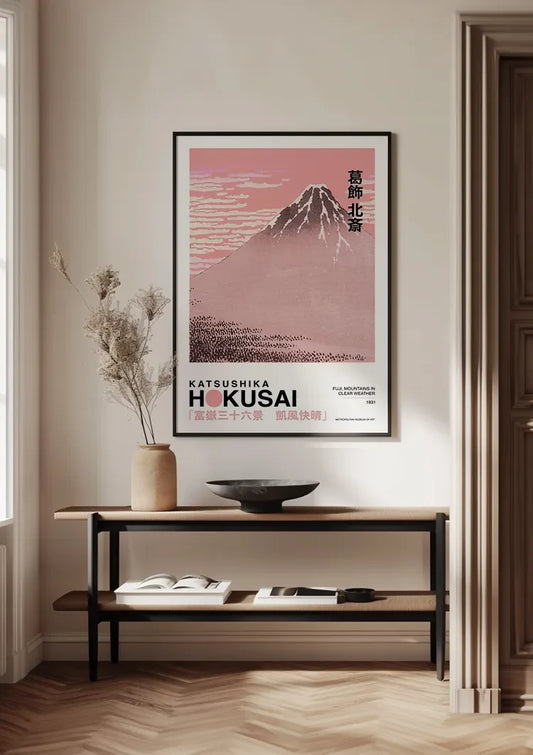 Hokusai fuji met een roze lucht canvas schilderij aan de wand in de hal