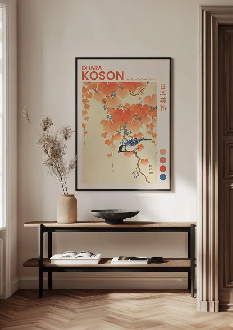 Japanese Tit on Paulownia Branch Orange Autumn Leaves Painting