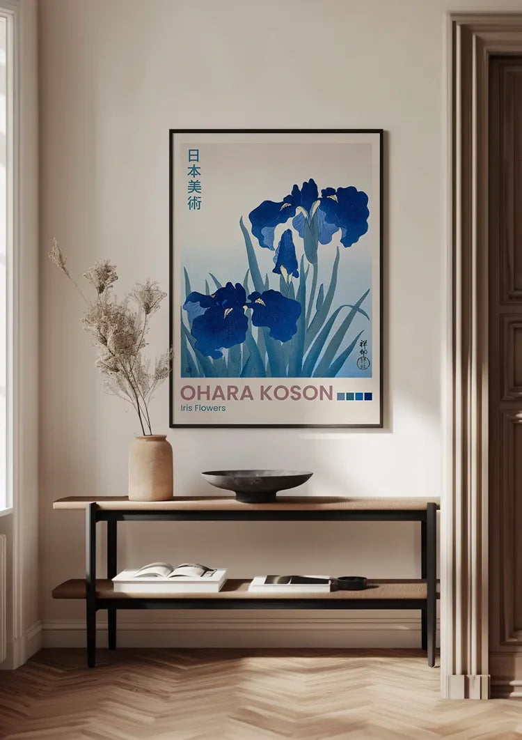 Japanese Iris Flowers Blue Green Leaves Botanical Painting