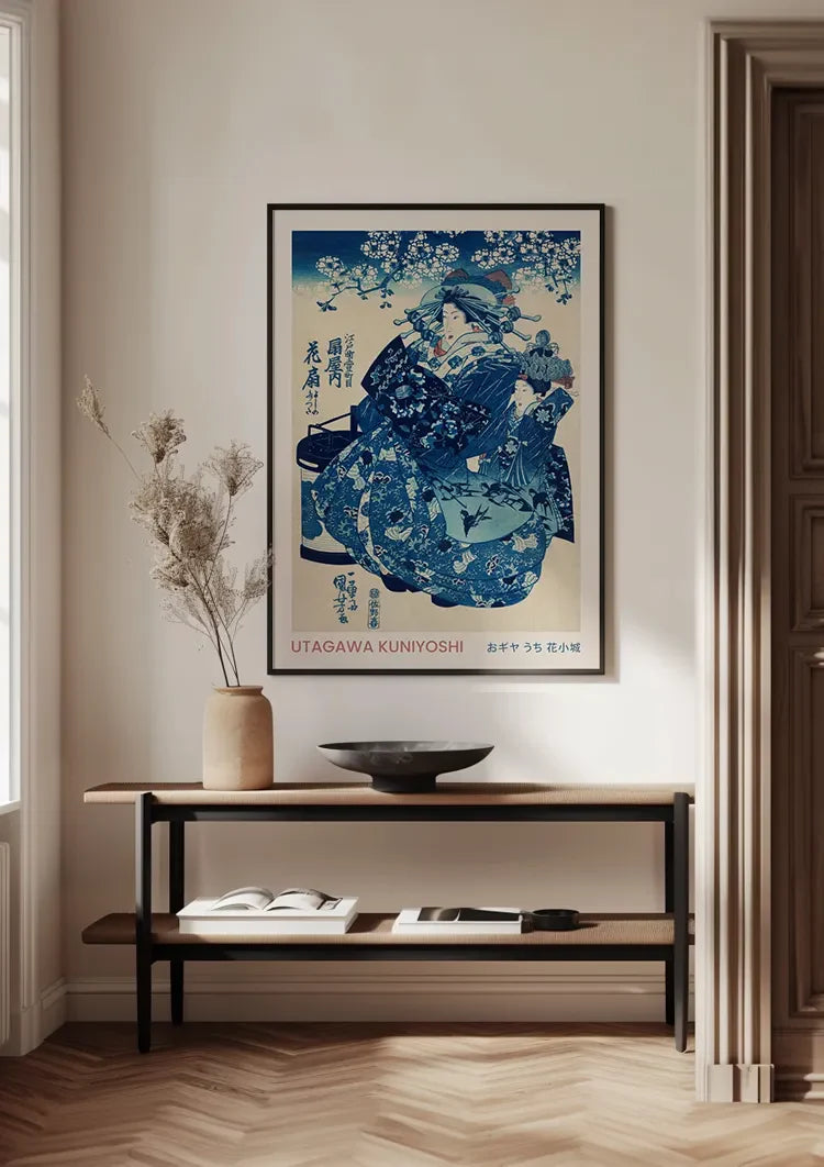 Kuniyoshi Woman Fan Blue Kimono Japanese Woodblock Painting