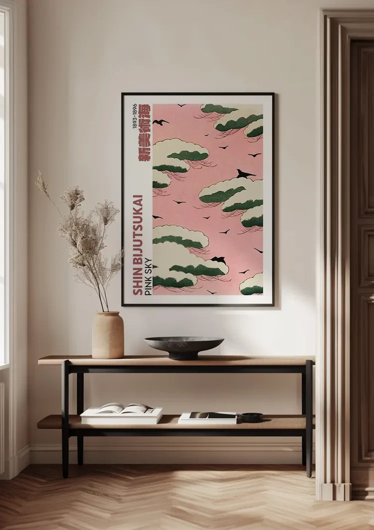 Roze Lucht Groene Wolken Zwarte Vogels Japanse Stijl Schilderij