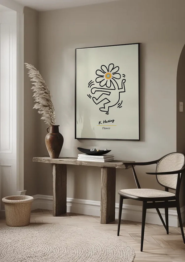 Figur mit Blumenkopf Schwarze Strichzeichnung Minimalistisches Gemälde