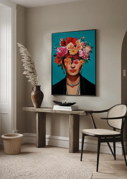 Woman with Colorful Flower Crown on Turquoise Background Painting