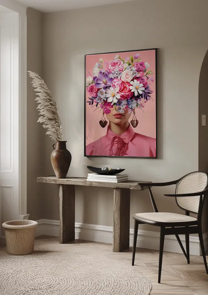 Woman with Pink Flower Bouquet on Pink Background Painting