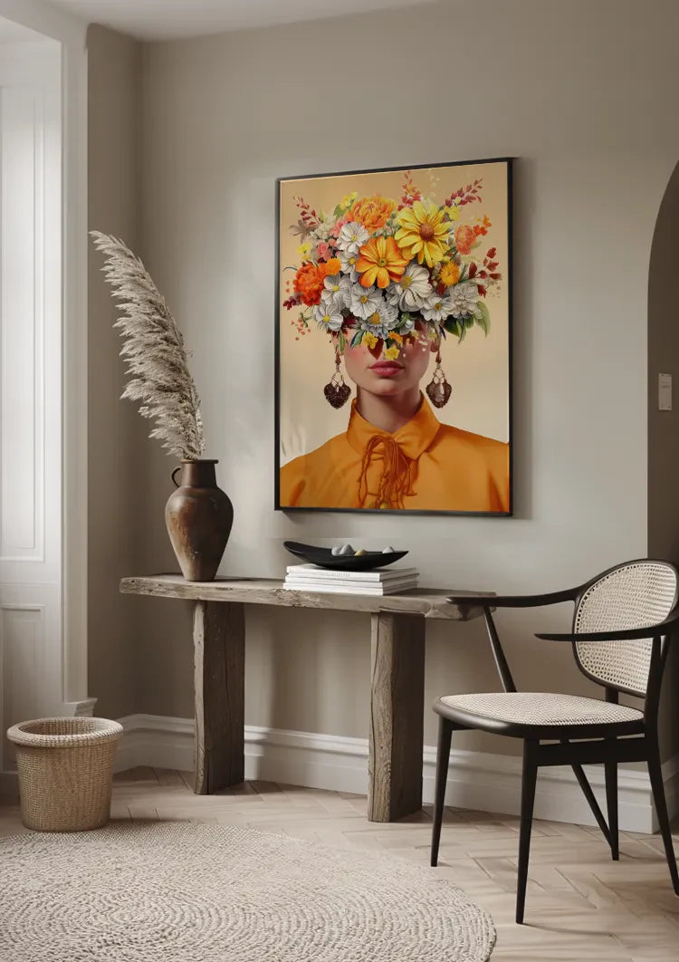 Vrouw Oranje Blouse Kleurrijke Bloemen Hoofd Portret Florale Schilderij