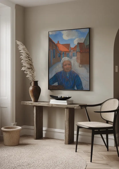 Elderly Woman in Village Street Red Roofs Blue Sky Painting