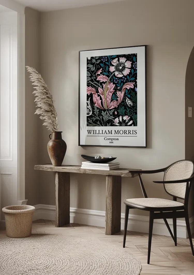 William Morris Compton Roze Bloemen Donker Bladwerk Klassiek Kunst Schilderij