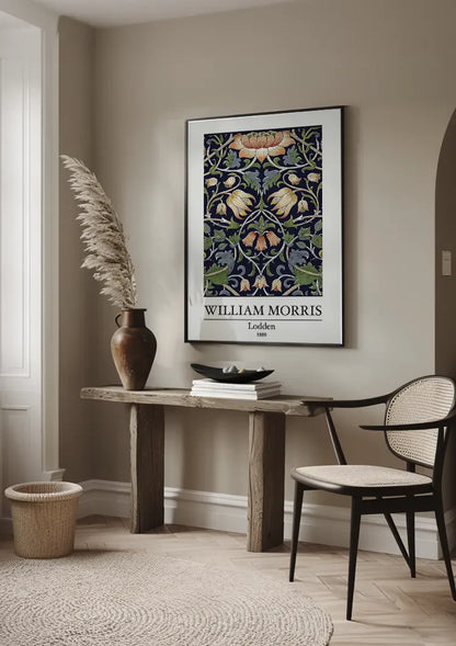 William Morris Lodden Bloemen Donkerblauw Oranje Groen Klassiek Patroon Kunst Schilderij