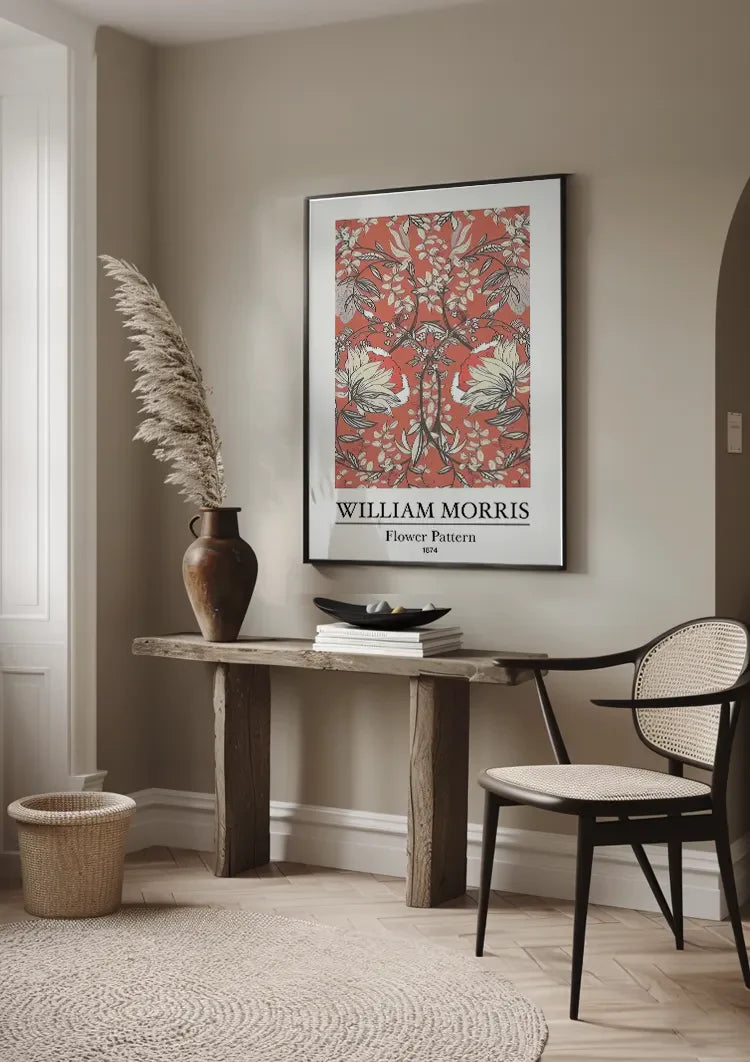 William Morris Blumenmuster, weiße Blumen auf rotem Gemälde