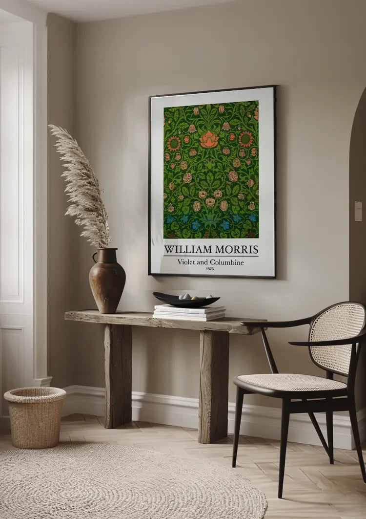William Morris Veilchen und Akelei Dunkelgrüne Rote Blaue Blumen Gemälde
