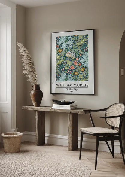 William Morris Golden Lily Blue-Green Colorful Botanical Painting