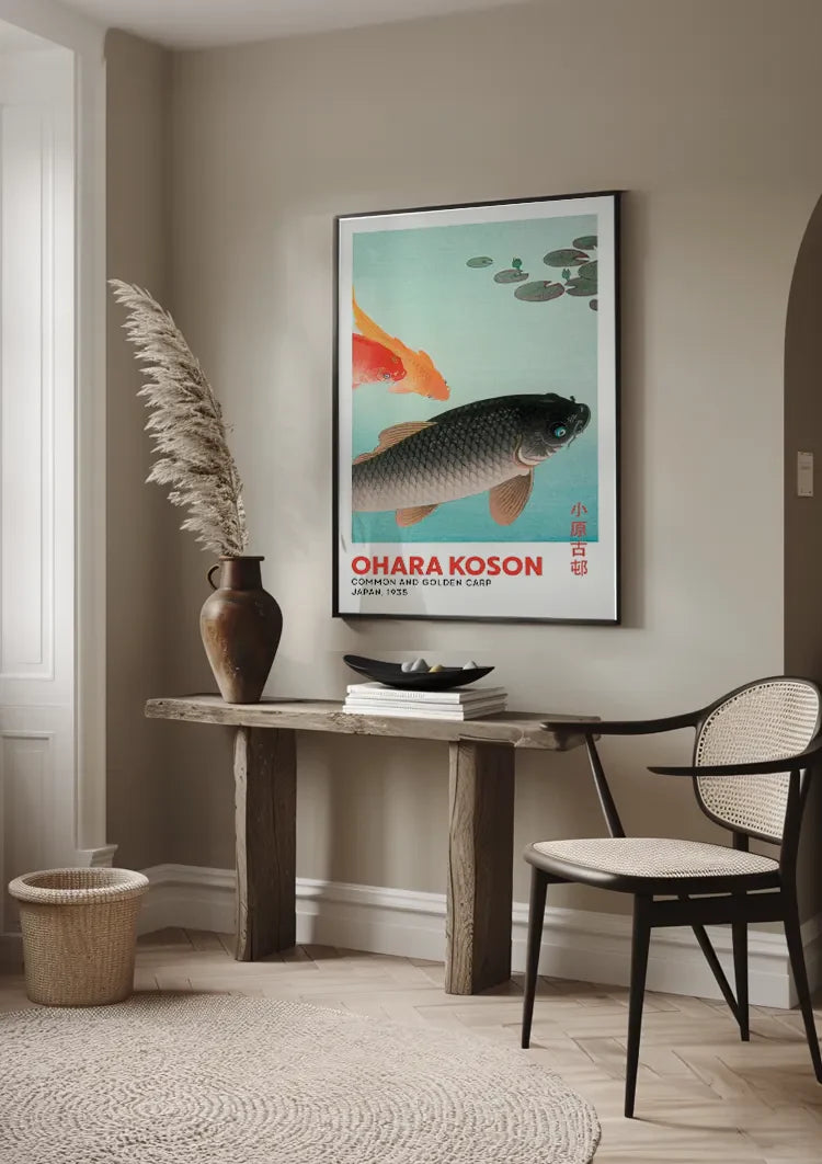 Black and Gold Koi Fish Water Lilies Japanese Vintage Style Painting