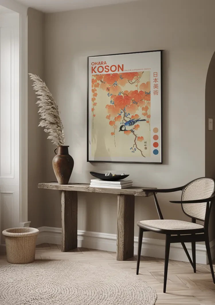 Japanese Tit on Paulownia Branch Orange Autumn Leaves Painting