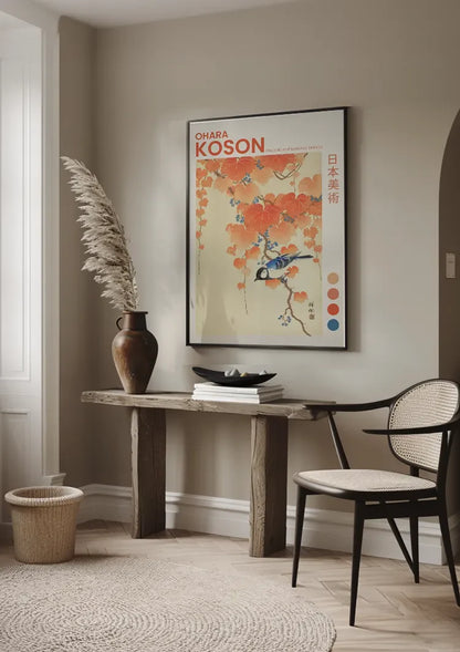 Japanese Tit on Paulownia Branch Orange Autumn Leaves Painting