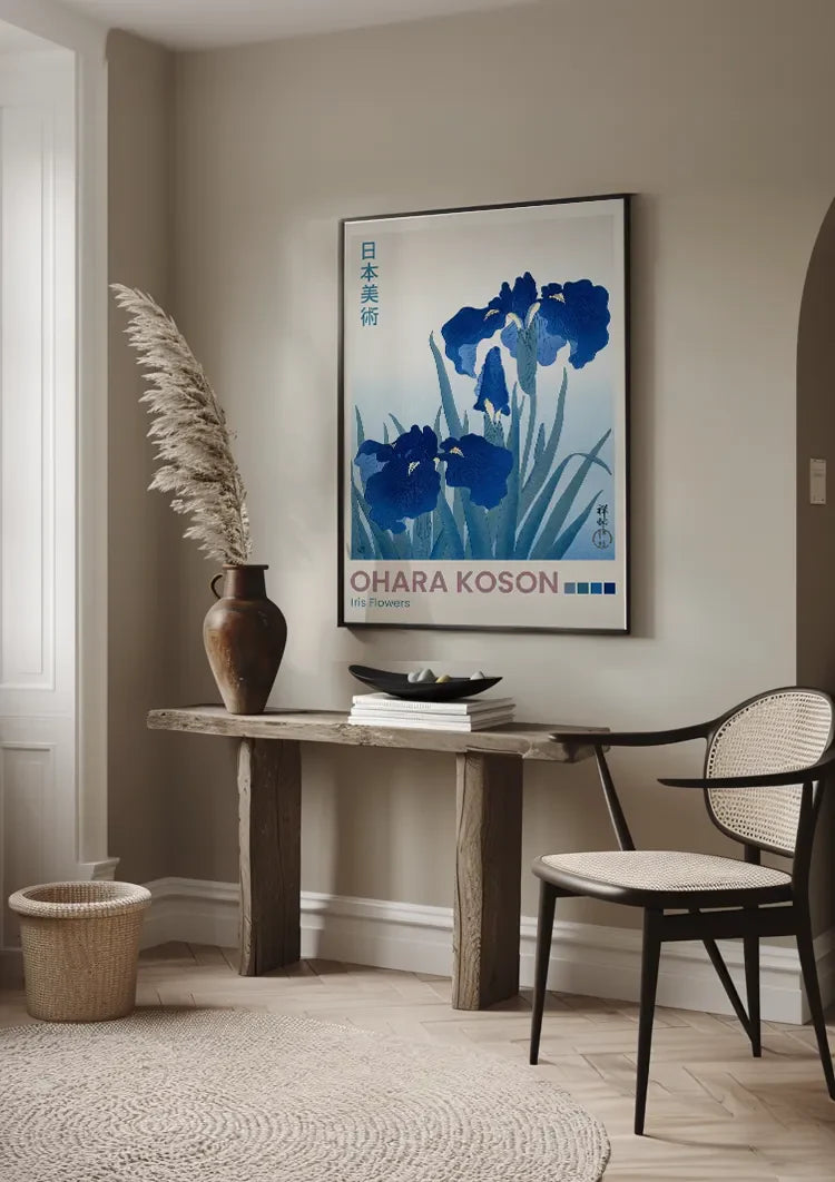 Japanese Iris Flowers Blue Green Leaves Botanical Painting