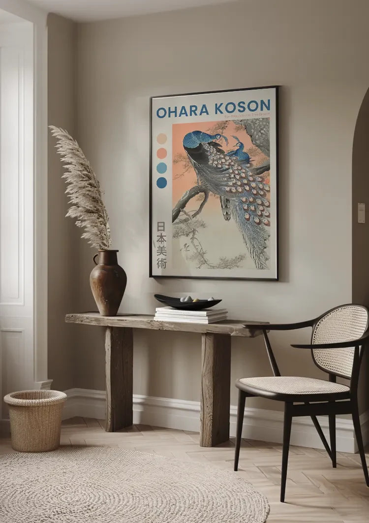 Two Peacocks on Tree Branch Japanese Pastel Nature Painting