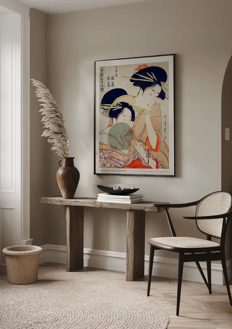 Kitagawa Two Women Kimono Fan Japanese Woodblock Painting