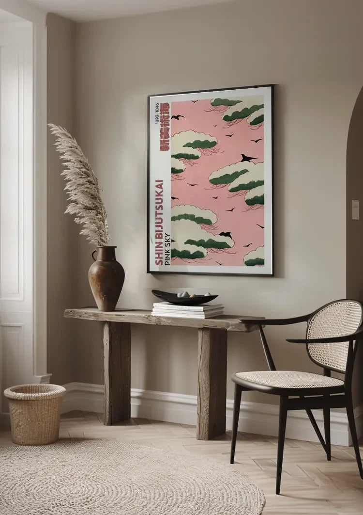 Roze Lucht Groene Wolken Zwarte Vogels Japanse Stijl Schilderij