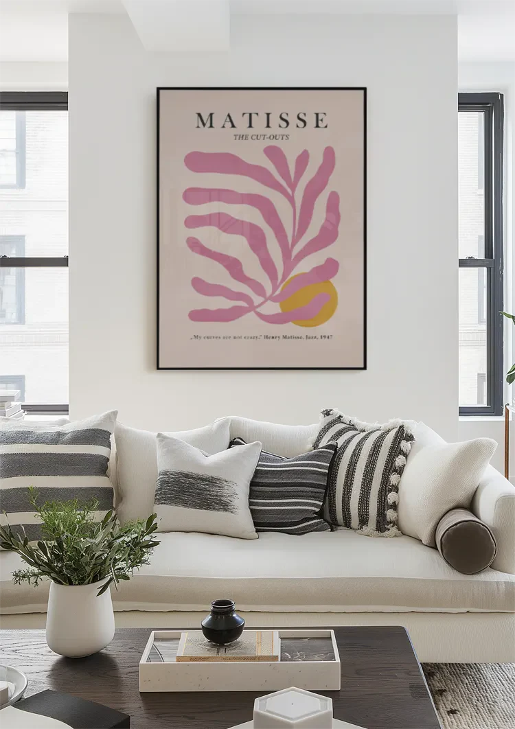 Matisse Rosa Blättermotiv Gelber Kreis Abstrakt Organisches Kunstgemälde