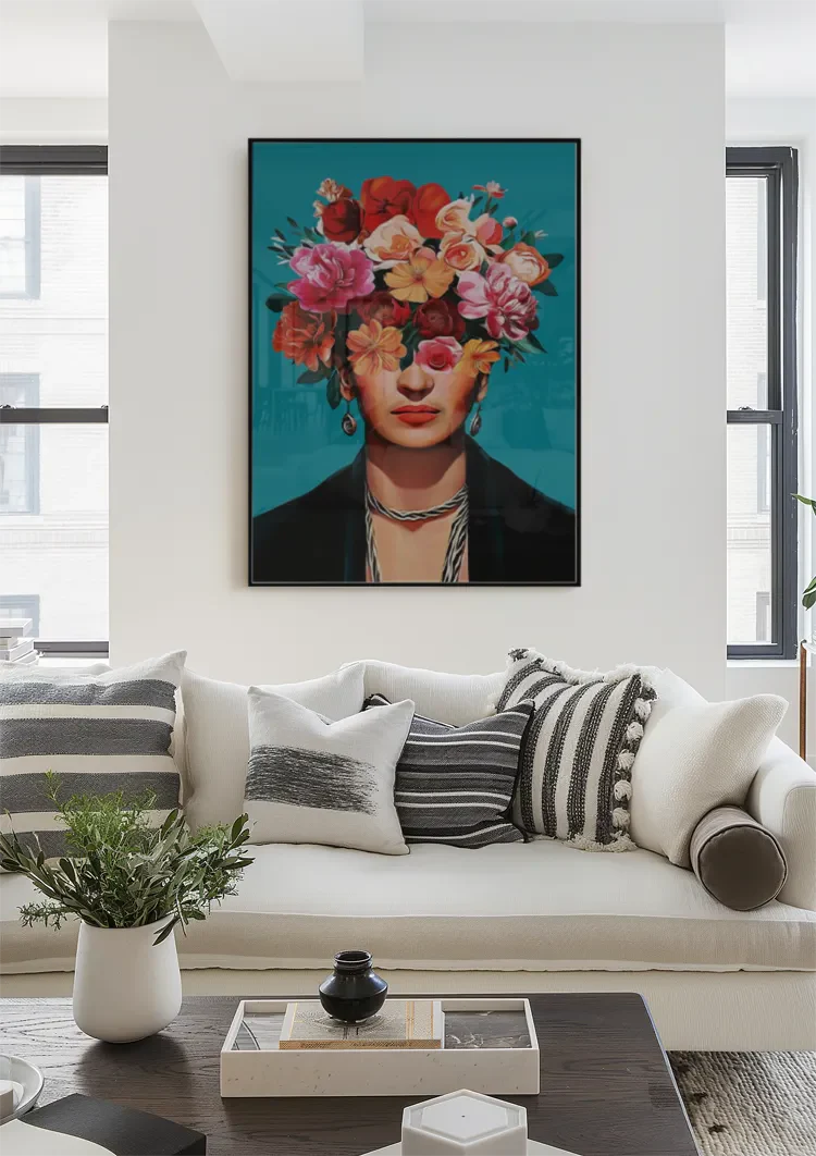 Woman with Colorful Flower Crown on Turquoise Background Painting