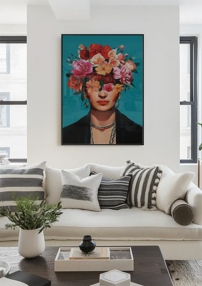 Woman with Colorful Flower Crown on Turquoise Background Painting