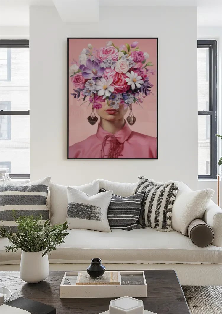 Woman with Pink Flower Bouquet on Pink Background Painting