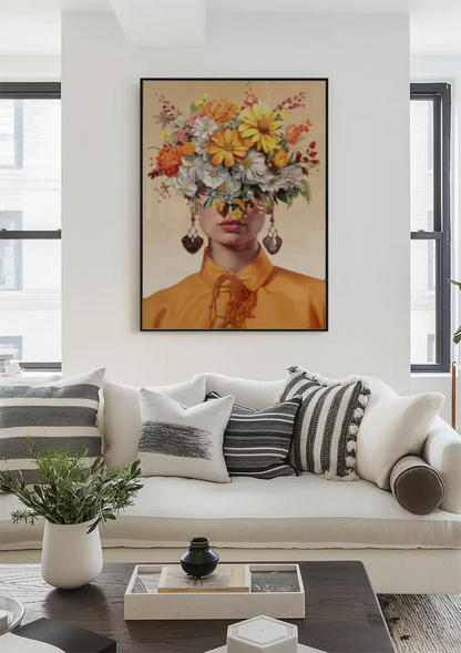 Vrouw Oranje Blouse Kleurrijke Bloemen Hoofd Portret Florale Schilderij
