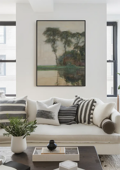 Serene Bomenlandschap met Weerspiegeling in Rustig Water Schilderij