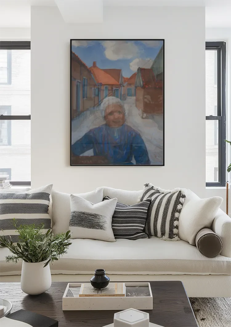 Elderly Woman in Blue Dress in Narrow Village Street Painting