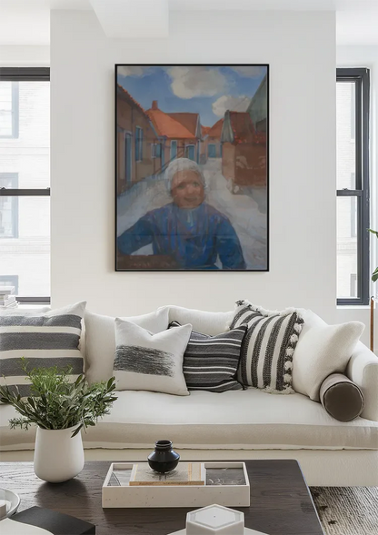 Elderly Woman in Blue Dress in Narrow Village Street Painting