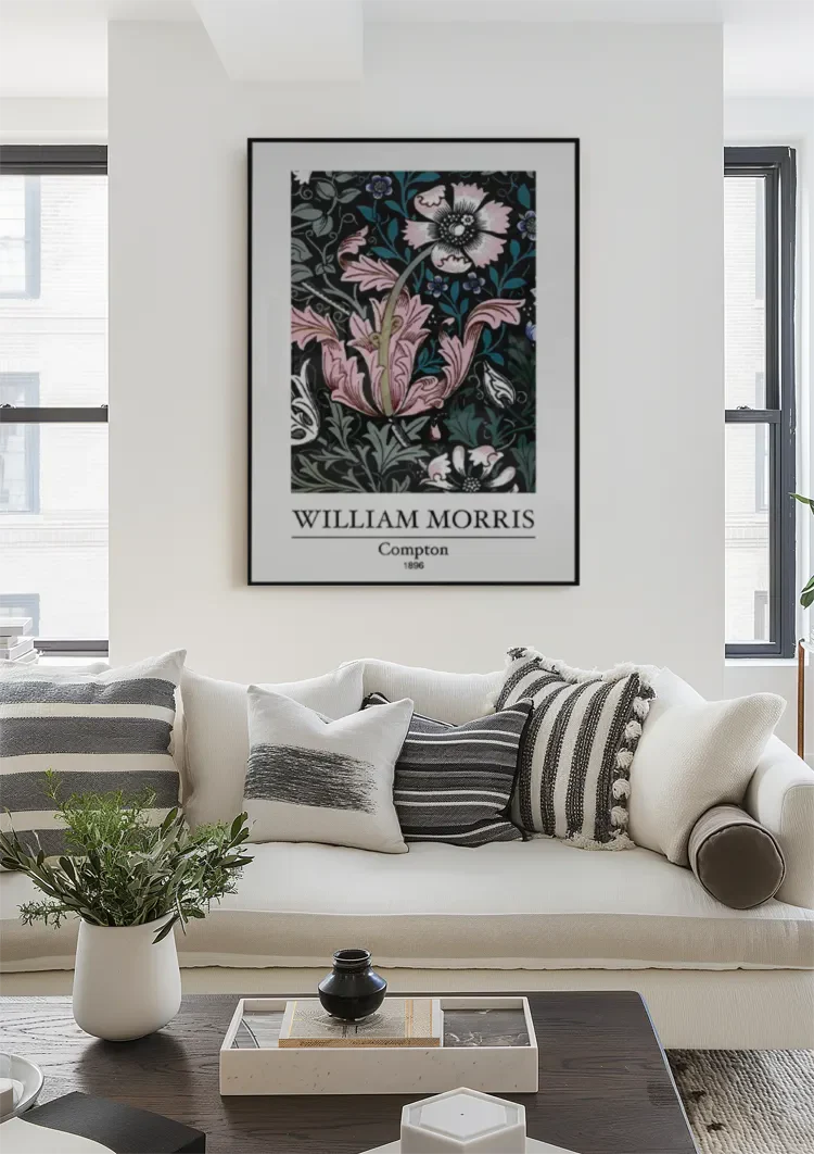 William Morris Compton Pink Flowers Dark Background Painting