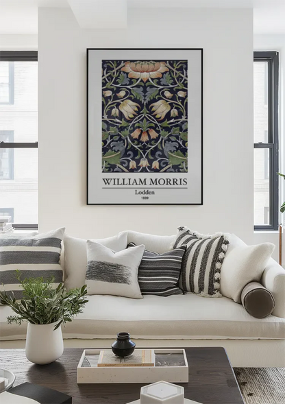 William Morris Lodden Bloemen Donkerblauw Oranje Groen Klassiek Patroon Kunst Schilderij