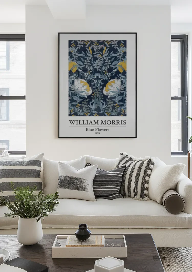 William Morris Blaue Blumen Weiße Gelbe Blumen Dunkelblaues Gemälde