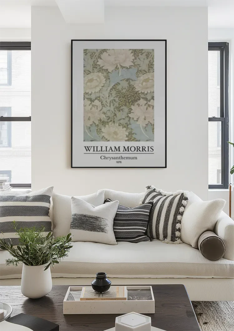 William Morris Chrysanthemum Bloemen Groen Blauw Botanisch Klassiek Kunst Schilderij