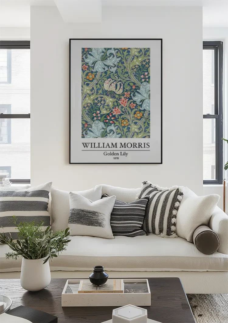 William Morris Golden Lily Blue-Green Colorful Botanical Painting