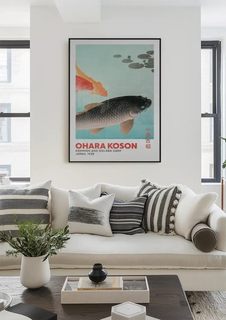 Black and Gold Koi Fish Water Lilies Japanese Vintage Style Painting