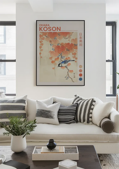 Japanese Tit on Paulownia Branch Orange Autumn Leaves Painting