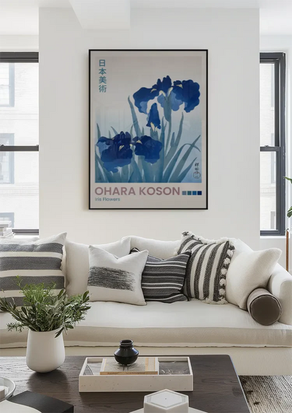 Japanese Iris Flowers Blue Green Leaves Botanical Painting