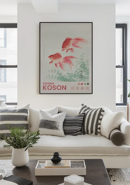 Red Goldfish Swimming Japanese Water Plants Nature Painting