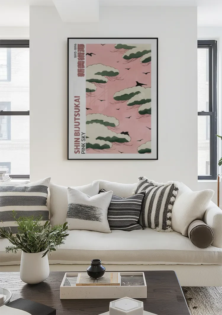 Roze Lucht Groene Wolken Zwarte Vogels Japanse Stijl Schilderij